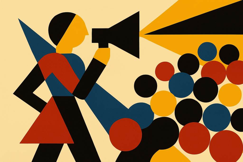 Abstract geometric illustration of a figure raising a megaphone before a crowd, in bold flat colours.