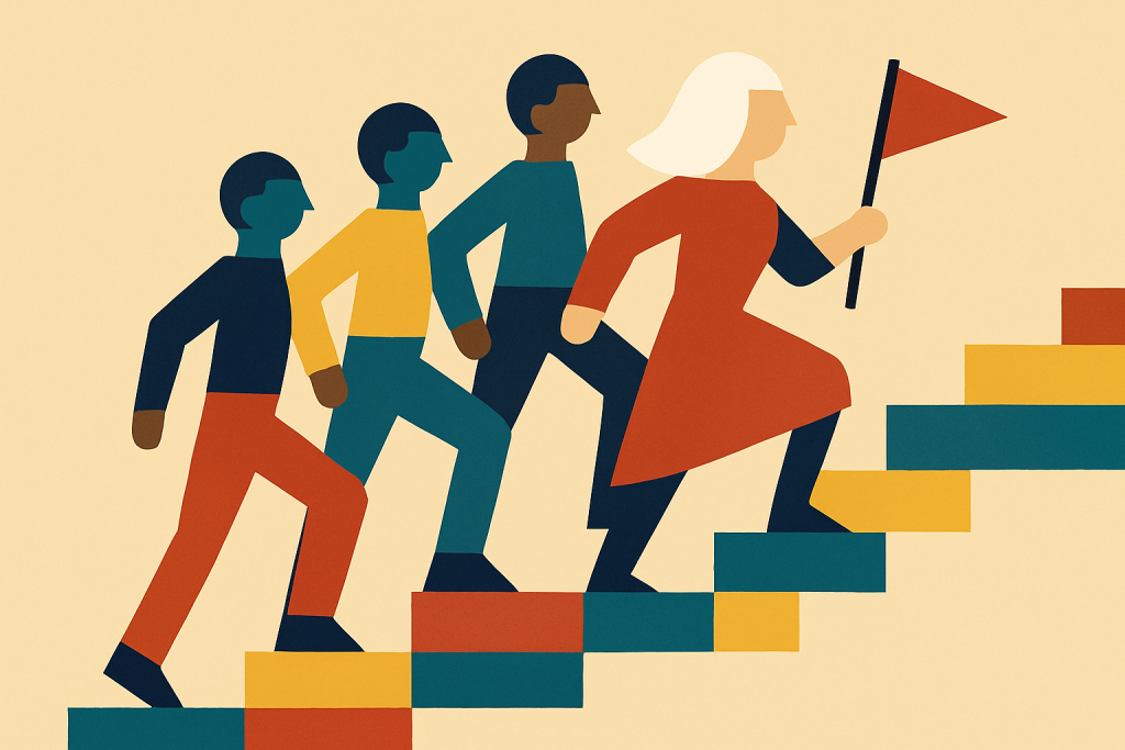 Stylised geometric illustration in flat colours, depicting a white-haired figure leading three others up a staircase while carrying a red flag. The scene suggests leadership, progress and deliberate forward movement.