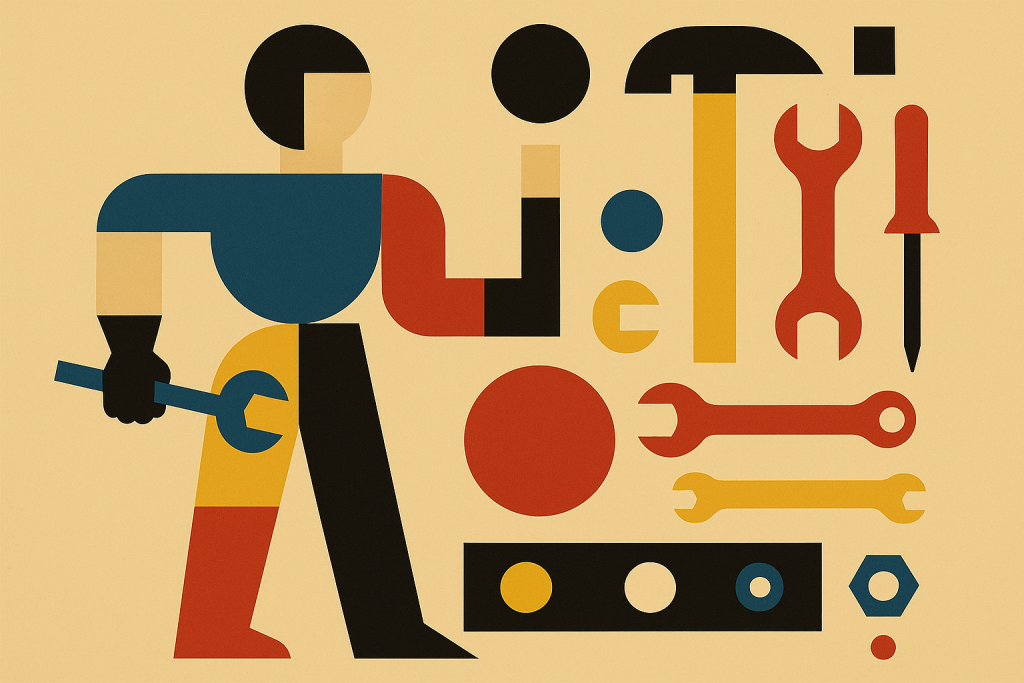 Geometric abstract illustration of a figure with tools and ordered forms, symbolising balance, reliability and practical action.