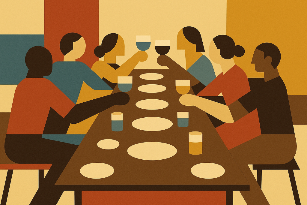 Abstract geometric artwork of seven figures seated at a long table with plates. Shapes and colours suggest warmth, stability and togetherness.
